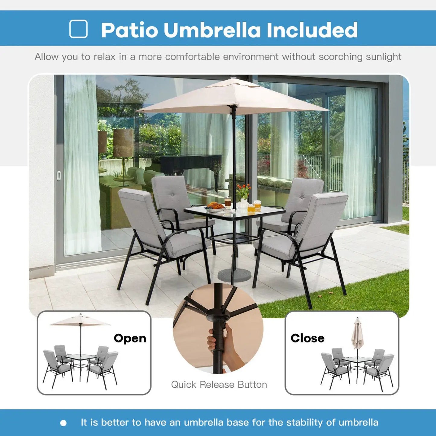 5 Foot Square Patio Market Umbrella With 4 Ribs