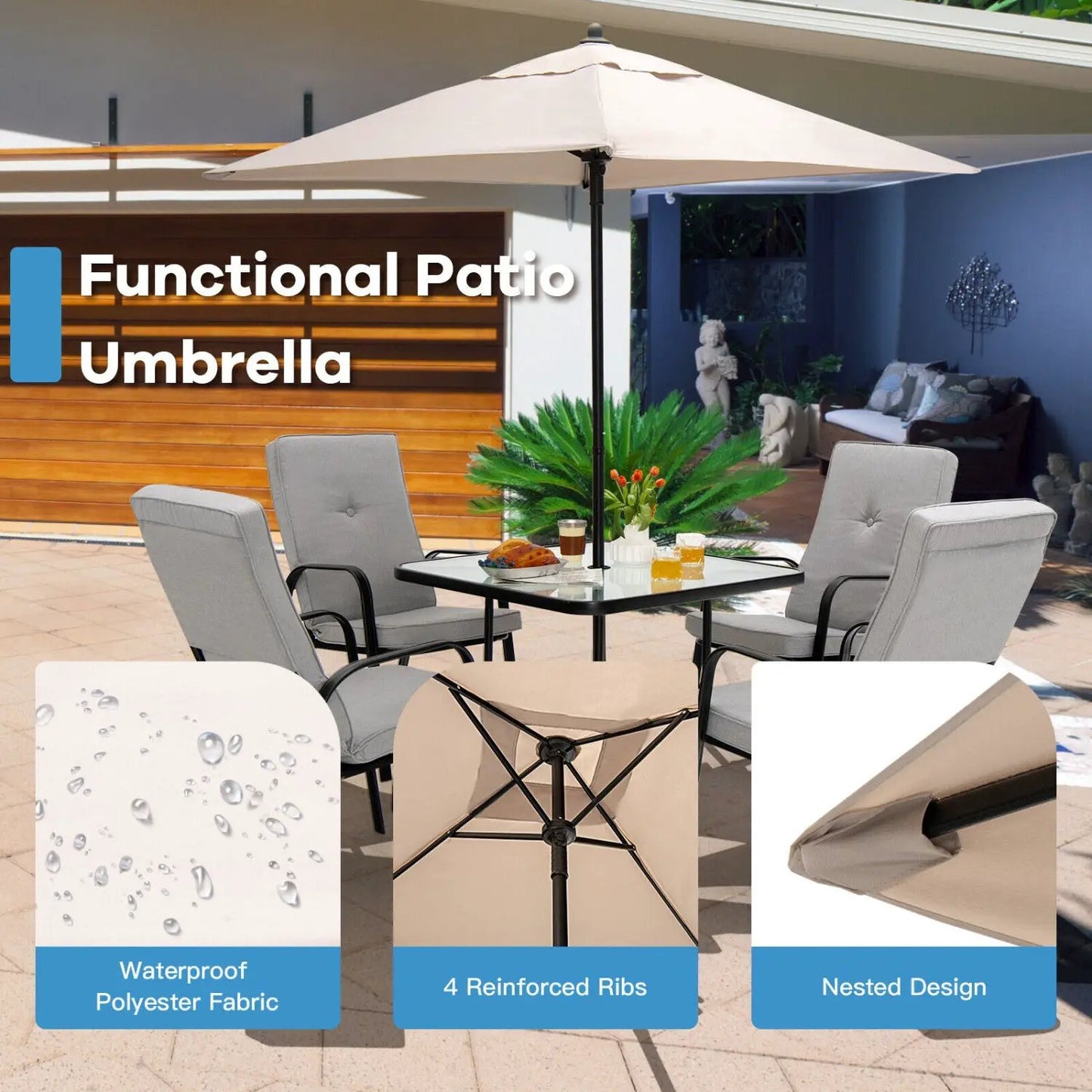 5 Foot Square Patio Market Umbrella With 4 Ribs