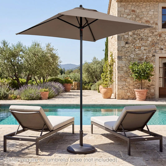 5 ft square patio market umbrella with 4 ribs by DirectDeals in beige over poolside lounge chairs on Tampa Home & Garden Store