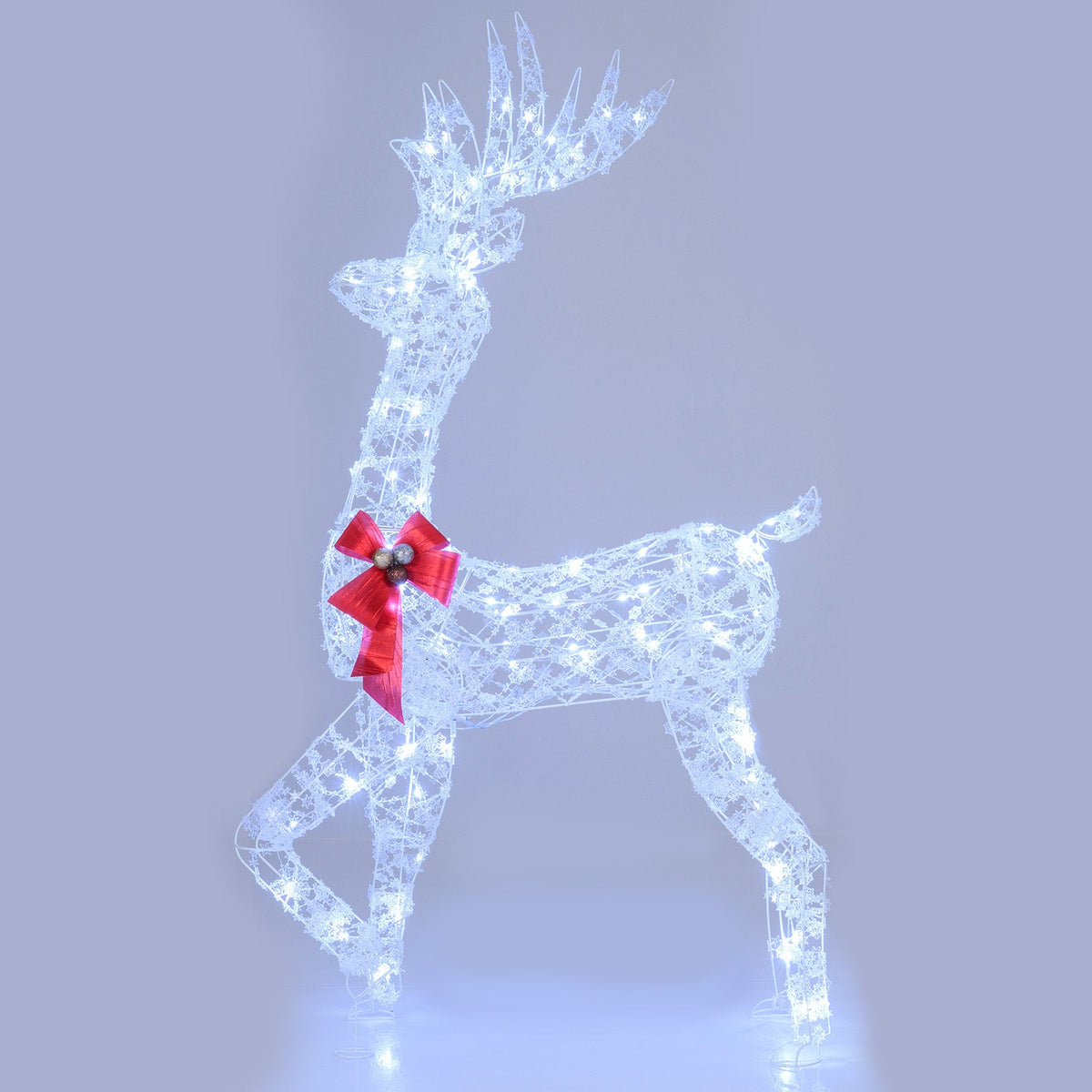 5 ft pre-lit Christmas reindeer sculpture with 100 LED lights, white wireframe and red bow on Tampa Home & Garden Store