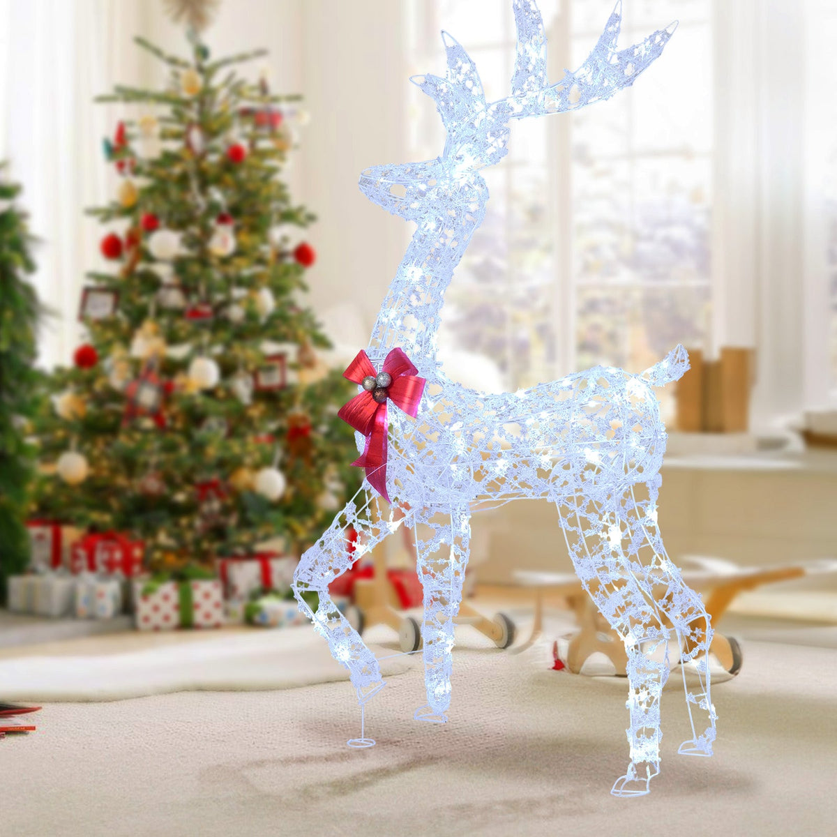 5 Feet Pre-Lit Christmas Reindeer with 100 LED Lights blue lace mesh red bow on Tampa Home & Garden Store