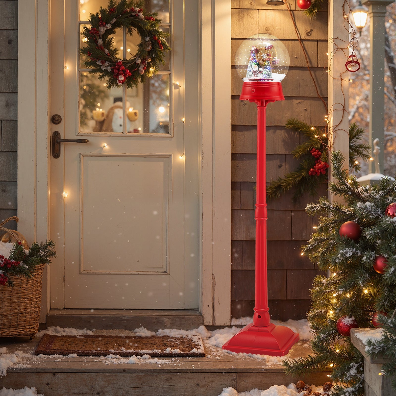 5 ft red musical snow globe street lamp lantern on stand with Christmas scene DirectDeals on Tampa Home & Garden Store
