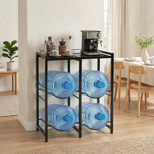 Water Jug Rack for 4 Bottles with Storage Shelf, black metal frame holds four blue 5-gallon jugs on Tampa Home & Garden Store