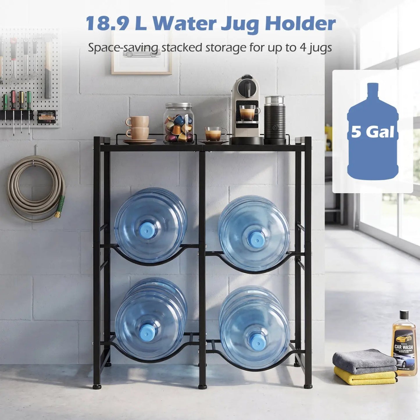 5 Gallon Water Jug Holder for 4 Bottles and Shelf