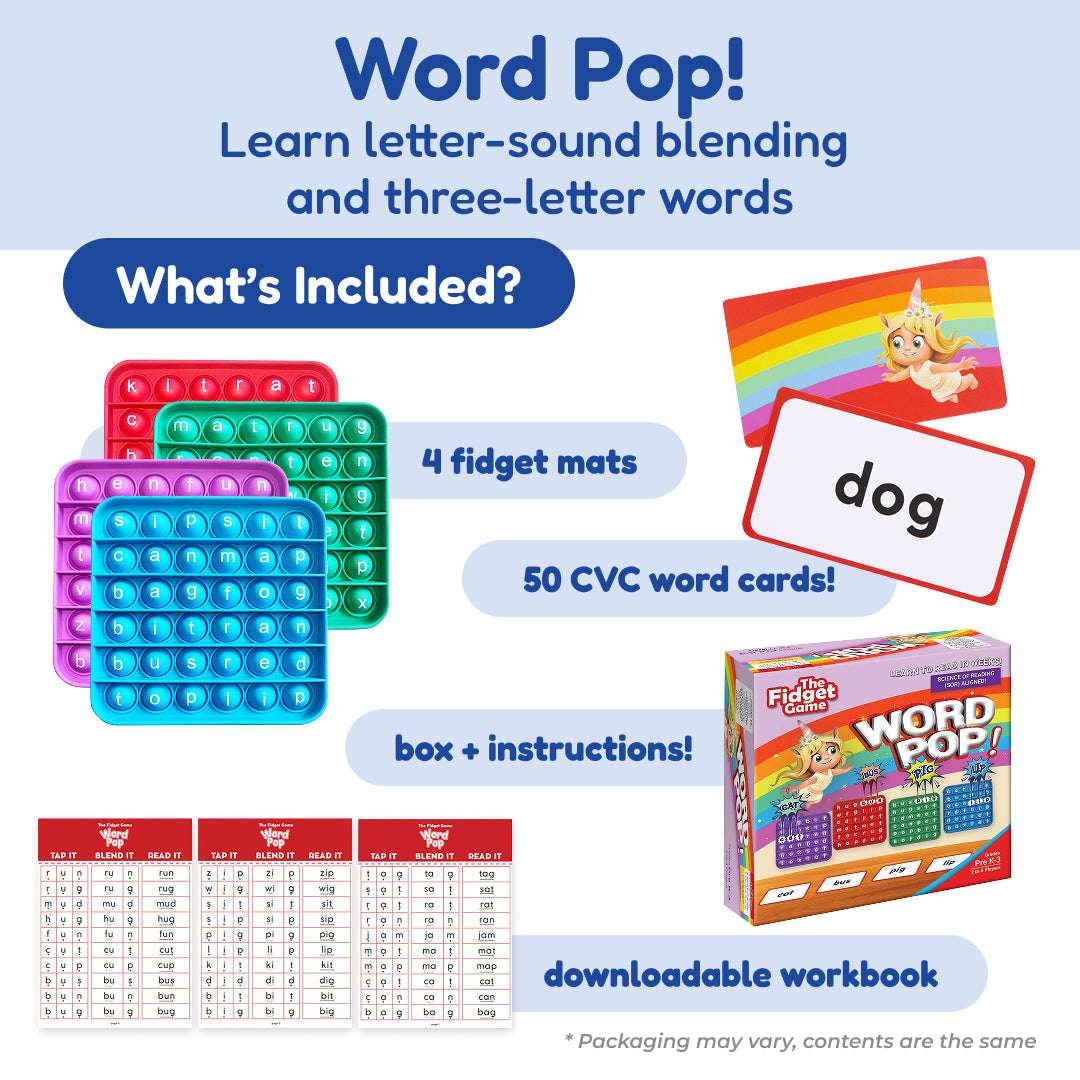 Word Pop game by The Fidget Games with 4 fidget mats and 50 CVC word cards on Tampa Home & Garden Store