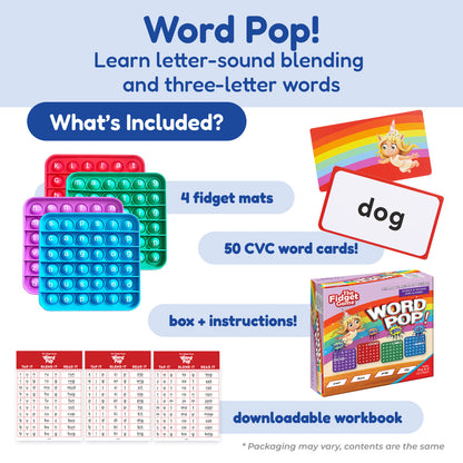 Word Pop game by The Fidget Games with 4 fidget mats and 50 CVC word cards on Tampa Home & Garden Store