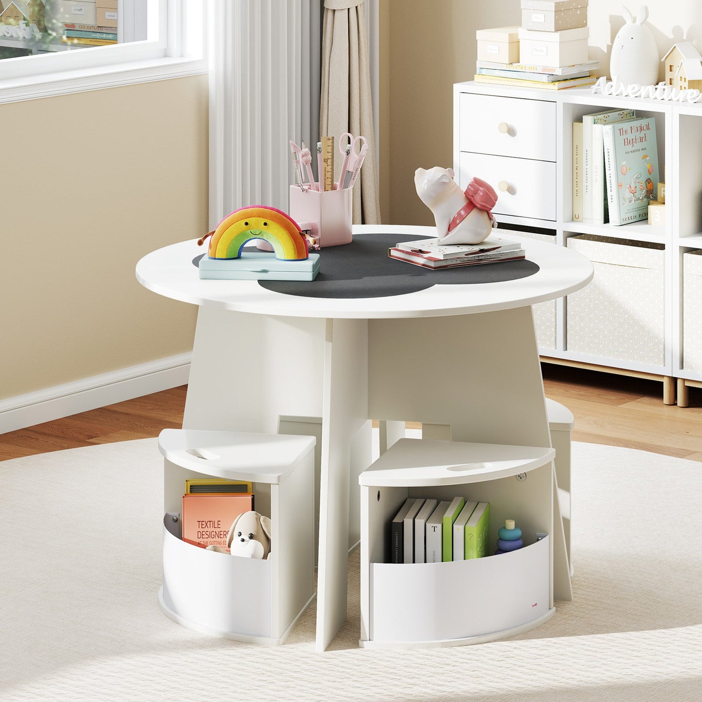 5 PCS Kids Table and Chair Set with Storage Stools for Activity-White