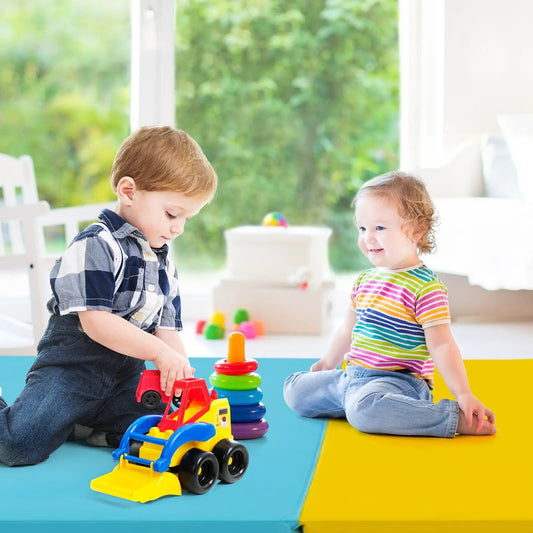 DirectDeals 5-Panel Folding Gymnastics Mat blue and yellow, kids playing with colorful toys on Tampa Home & Garden Store