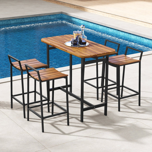 Juego de mesa de bar de madera de acacia de 5 piezas, mesa y sillas de altura de bar con estructura de metal y reposapiés