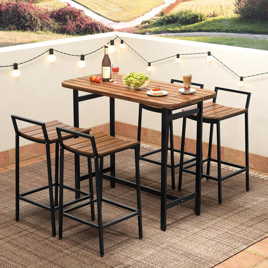 Juego de mesa de bar de madera de acacia de 5 piezas, mesa y sillas de altura de bar con estructura de metal y reposapiés