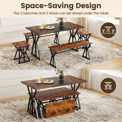 5-Piece Dining Room Set Industrial Rectangular Kitchen Table with 2 Benches and 2 Stools-Rustic Brown