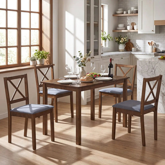5-Piece DirectDeals dining set with table and fabric chairs, brown finish, blue cushions on Tampa Home & Garden Store