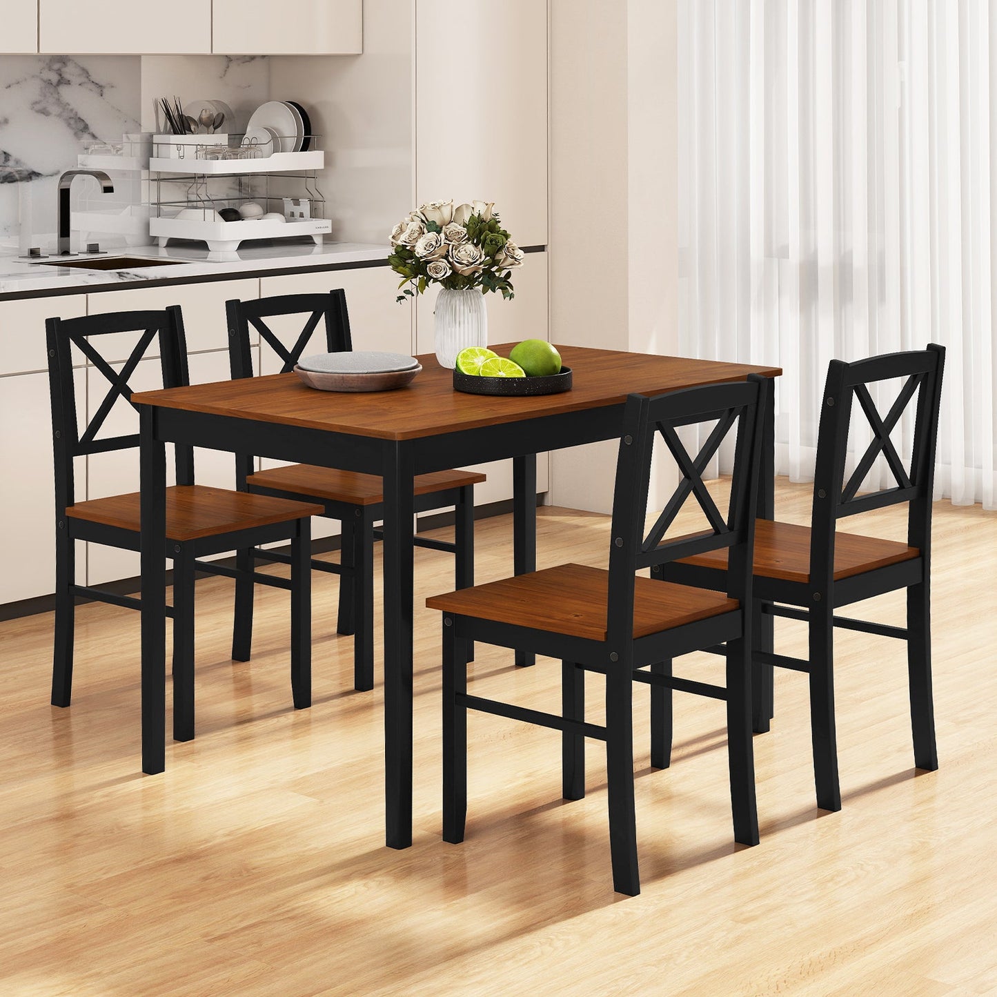 5-Piece dining table set with rectangular coffee-brown wood top and black metal frame 4 chairs on Tampa Home & Garden Store