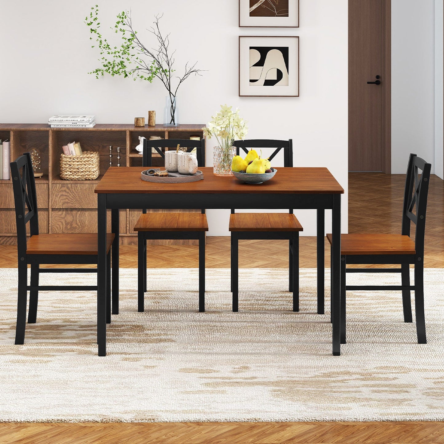 DirectDeals 5-Piece rectangular dining set with brown wood tabletop and 4 black chairs on Tampa Home & Garden Store