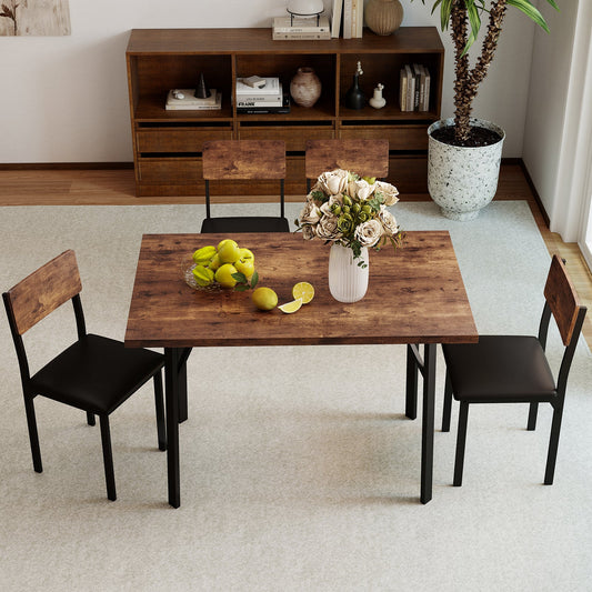 5-Piece Dining Table Set for 4 People Industrial Kitchen Table and 4 PU Leather Chairs-Brown