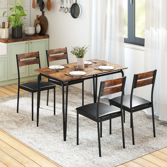 Juego de comedor de 5 piezas, mesa de cocina rectangular industrial y 4 sillas sin brazos - Marrón rústico