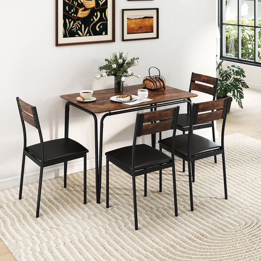 Juego de comedor de 5 piezas, mesa de cocina rectangular industrial y 4 sillas sin brazos - Marrón rústico