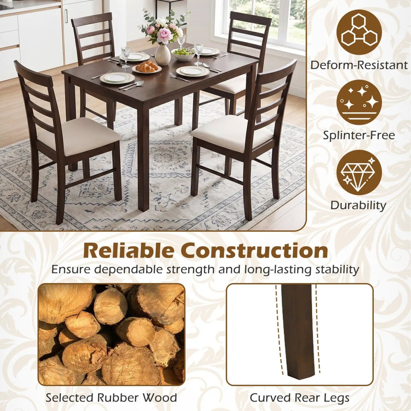 5-Piece Dining Set for 4 With Upholstered Chairs