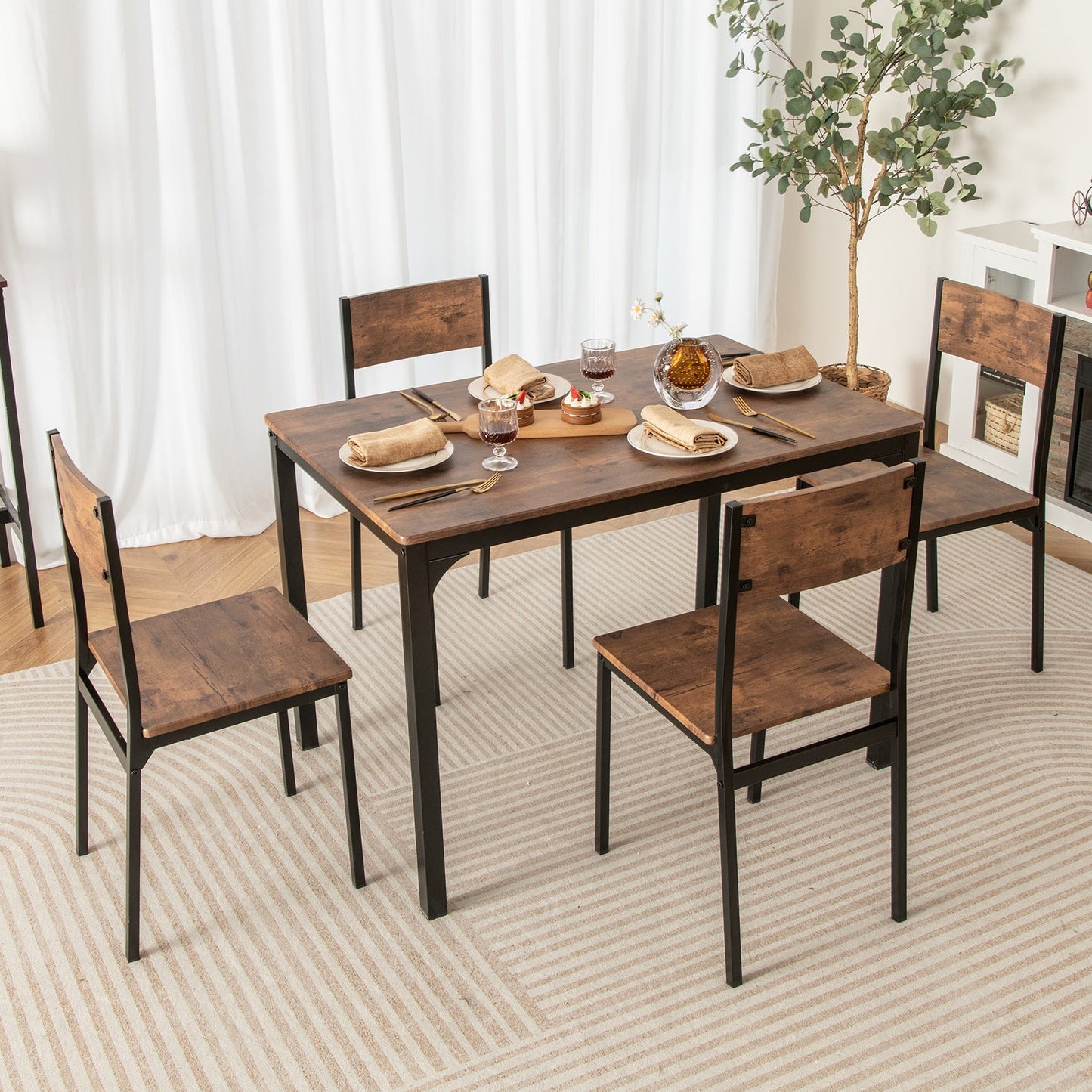 Juego de mesa de comedor de 5 piezas, mesa y sillas de cocina estilo industrial para 4 personas - Marrón rústico