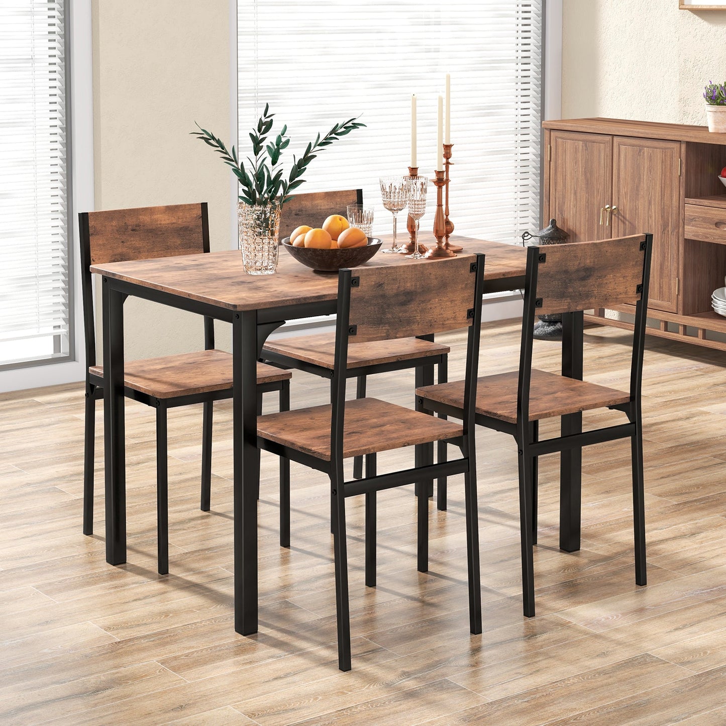 Juego de mesa de comedor de 5 piezas, mesa y sillas de cocina estilo industrial para 4 personas - Marrón rústico
