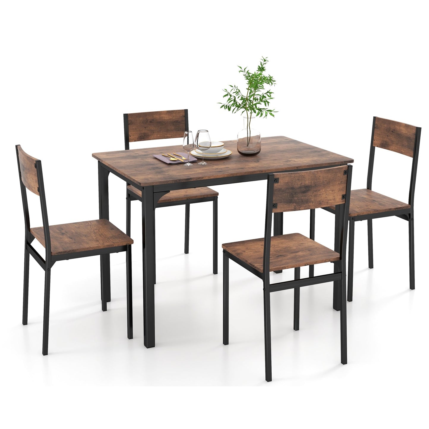 Juego de mesa de comedor de 5 piezas, mesa y sillas de cocina estilo industrial para 4 personas - Marrón rústico