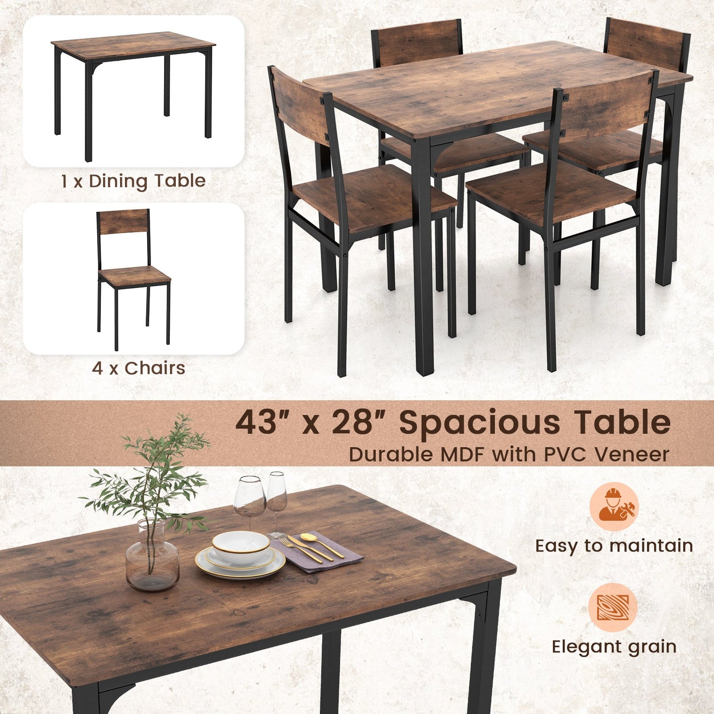 Juego de mesa de comedor de 5 piezas, mesa y sillas de cocina estilo industrial para 4 personas - Marrón rústico
