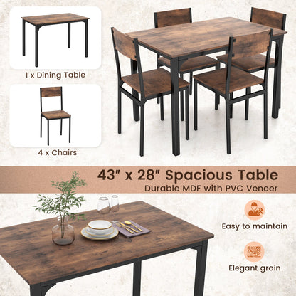 Juego de mesa de comedor de 5 piezas, mesa y sillas de cocina estilo industrial para 4 personas - Marrón rústico