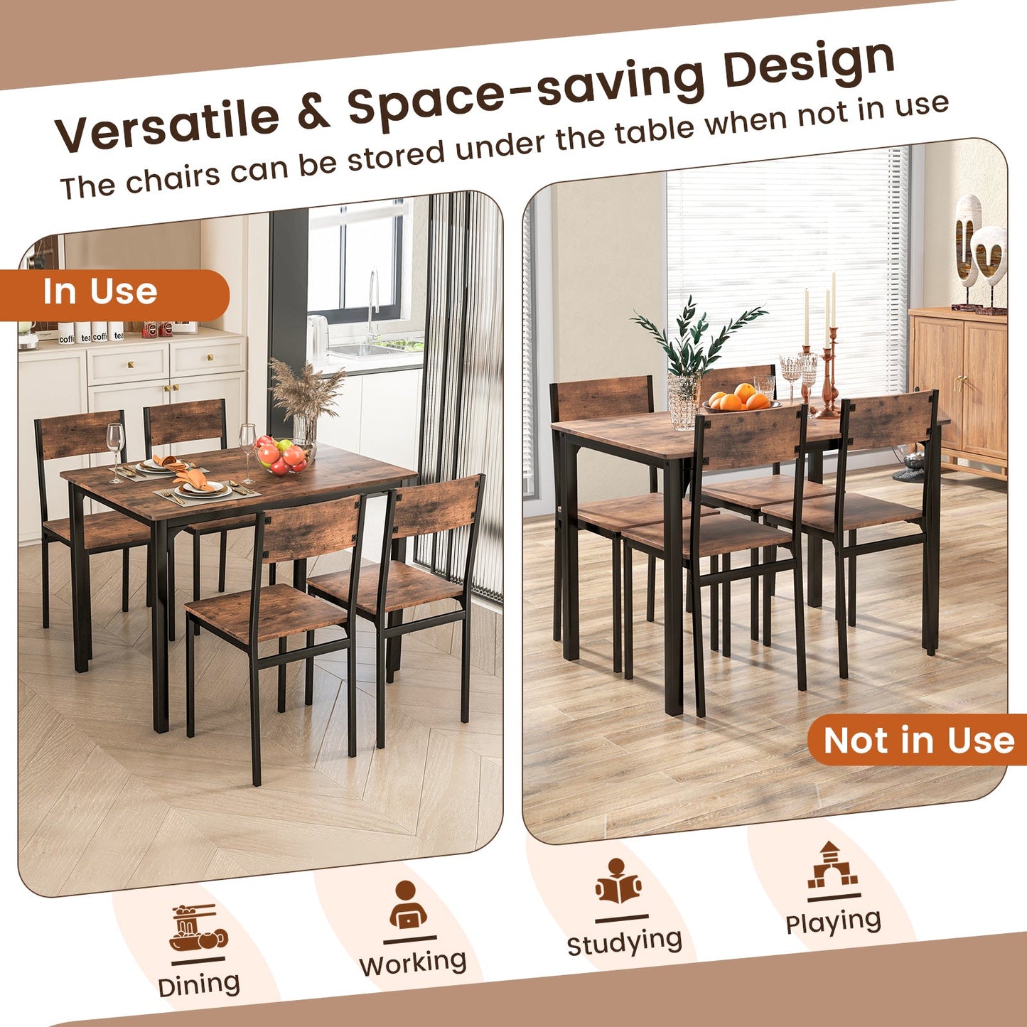 Juego de mesa de comedor de 5 piezas, mesa y sillas de cocina estilo industrial para 4 personas - Marrón rústico