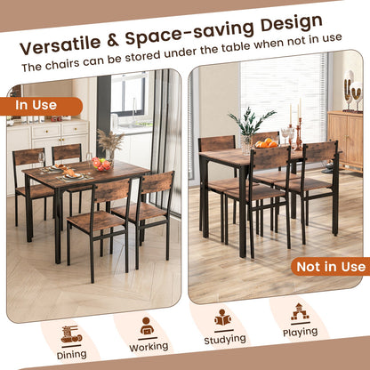 Juego de mesa de comedor de 5 piezas, mesa y sillas de cocina estilo industrial para 4 personas - Marrón rústico
