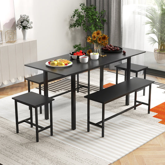 Juego de mesa de comedor de 5 piezas para 4-6 personas con 2 bancos y 2 taburetes para cocina y comedor-Negro