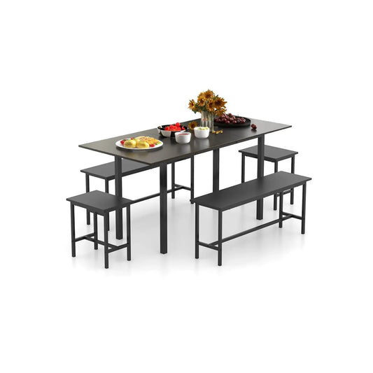 5 Piece Dining Table Set for 4-6 with 2 Benches & 2 Stools for Kitchen Dining Room-Black - Tampa Home & Garden Store