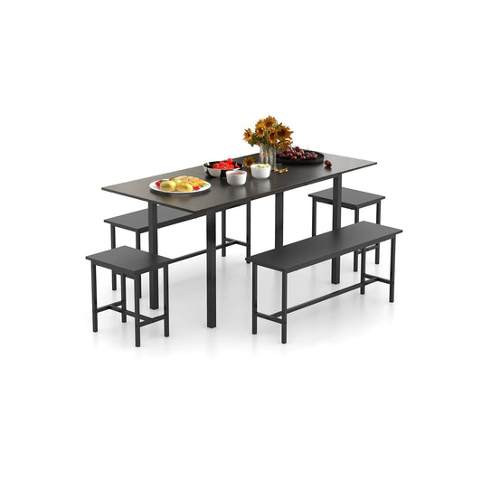 Juego de mesa de comedor de 5 piezas para 4-6 personas con 2 bancos y 2 taburetes para cocina y comedor-Negro