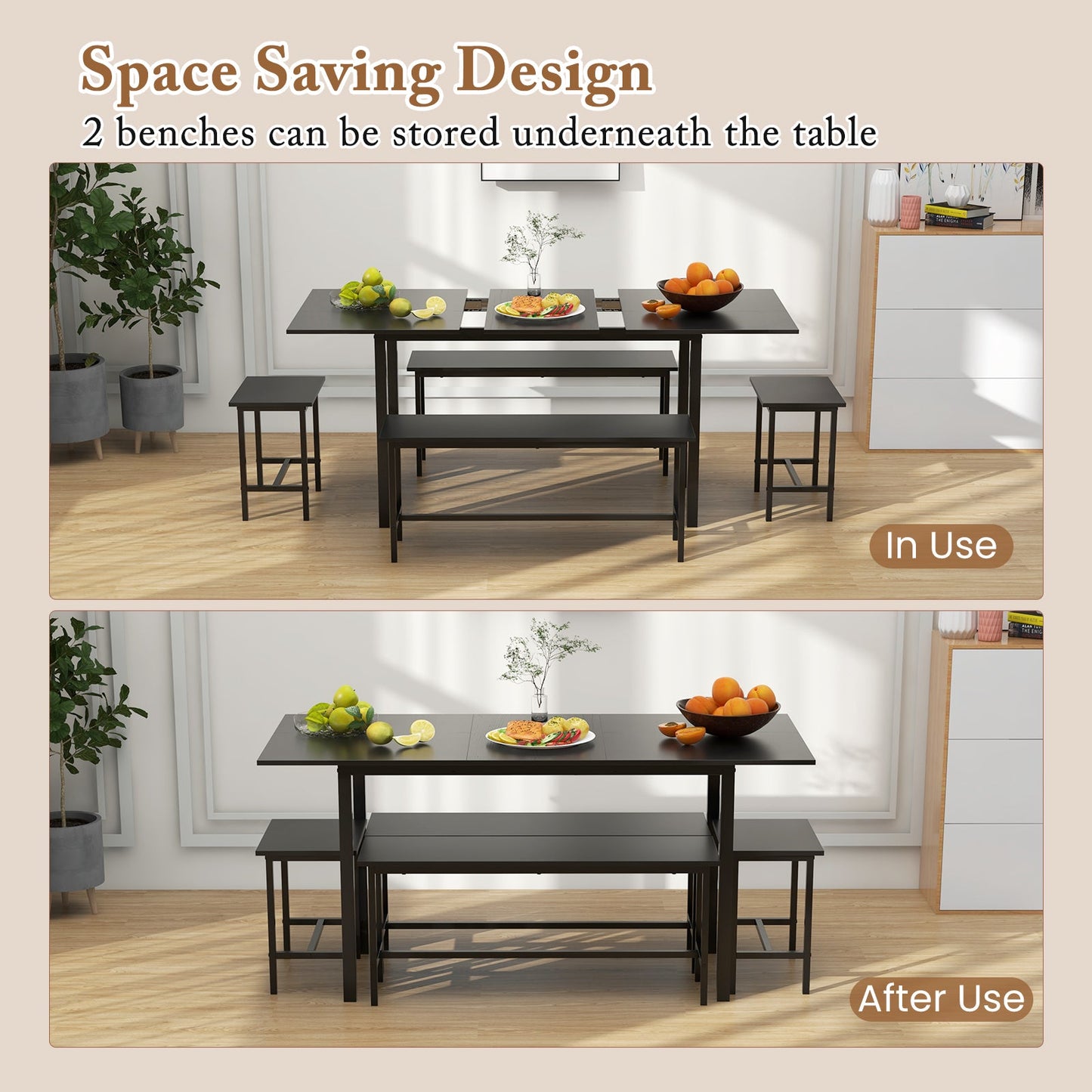 5 Piece Dining Table Set for 4-6 with 2 Benches & 2 Stools for Kitchen Dining Room-Black