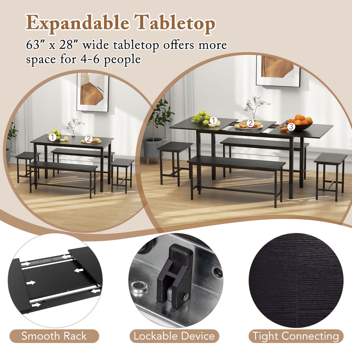 5 Piece Dining Table Set for 4-6 with 2 Benches & 2 Stools for Kitchen Dining Room-Black