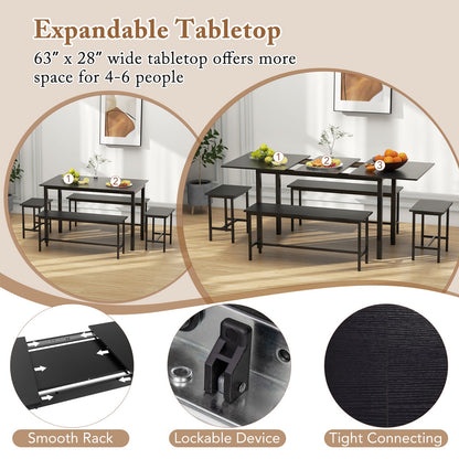 5 Piece Dining Table Set for 4-6 with 2 Benches & 2 Stools for Kitchen Dining Room-Black