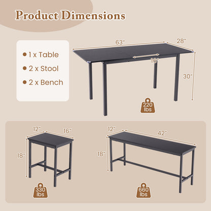 5 Piece Dining Table Set for 4-6 with 2 Benches & 2 Stools for Kitchen Dining Room-Black
