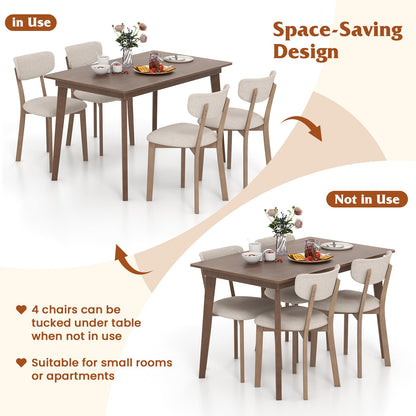 5-Piece Dining Table Set for 4 with Rubber Wood Frame and Padded Set-Brown