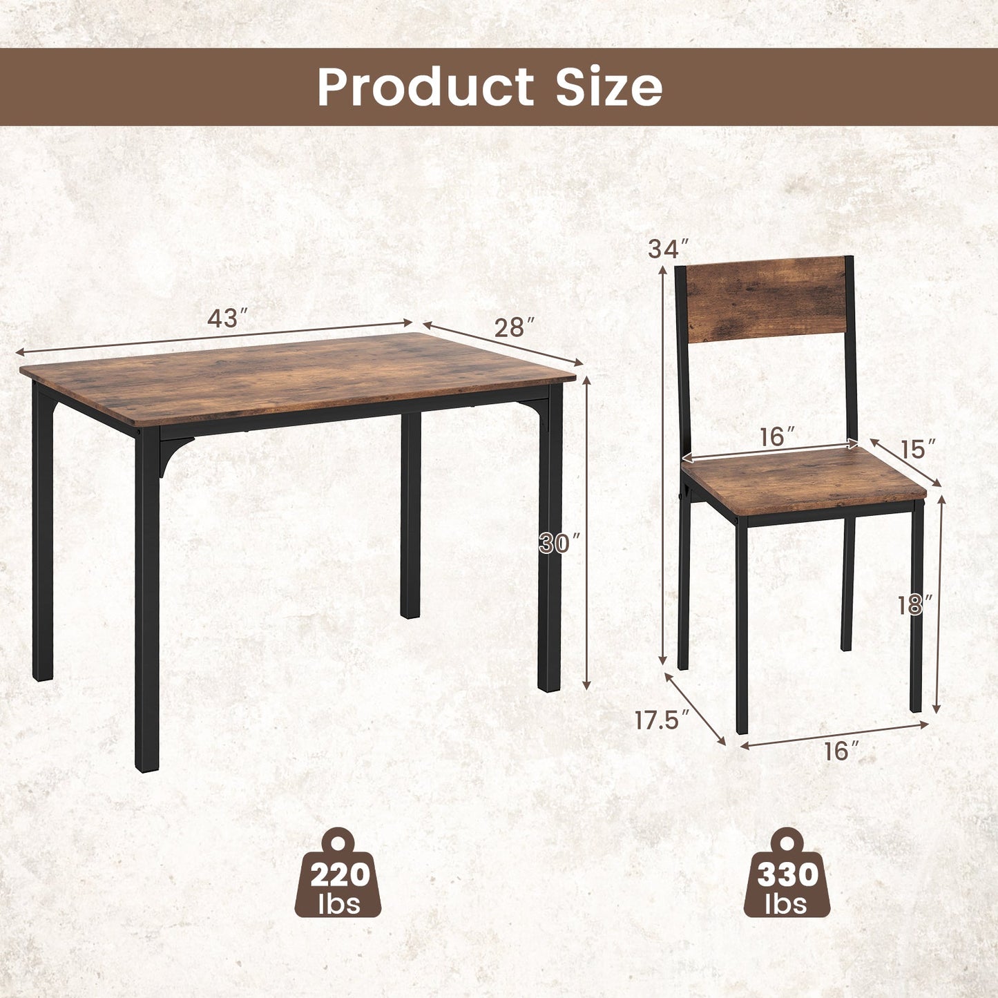 Juego de mesa de comedor de 5 piezas, mesa y sillas de cocina estilo industrial para 4 personas - Marrón rústico