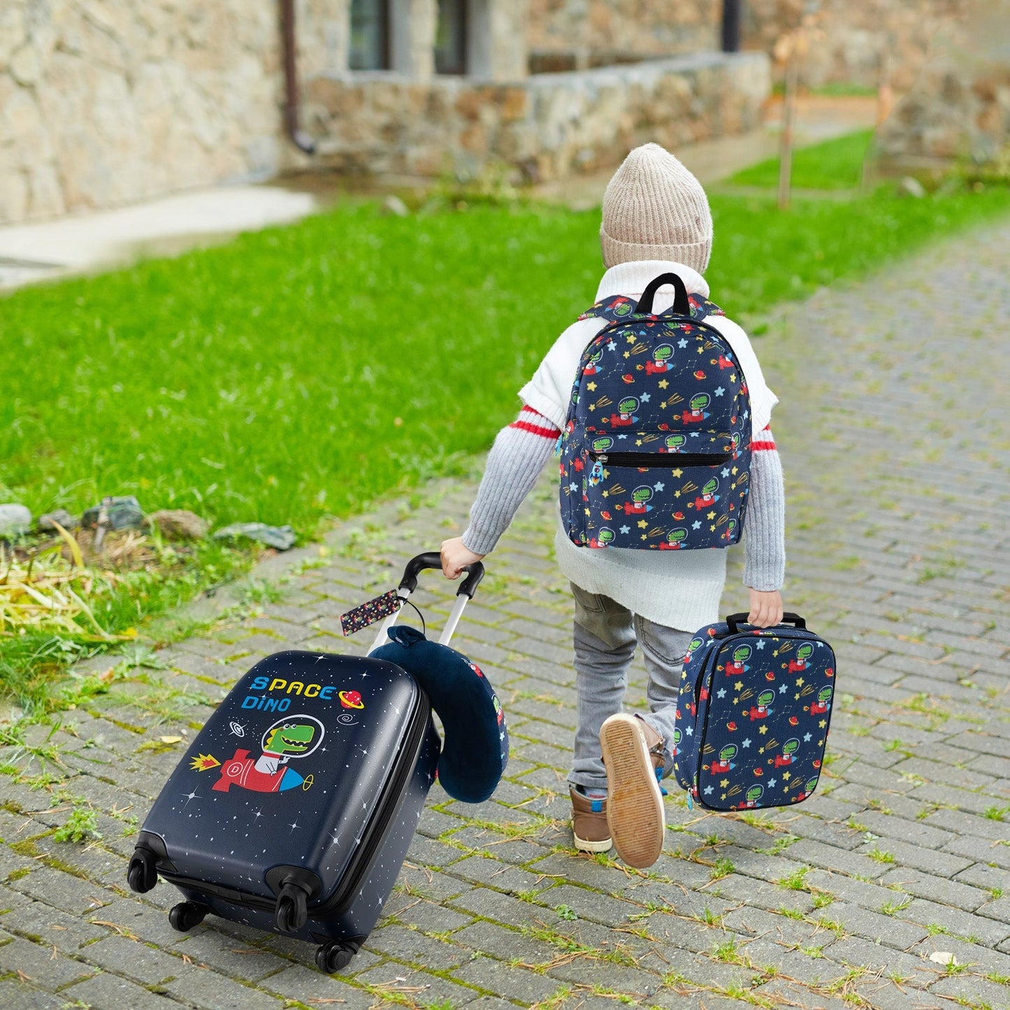 GemGear 5pc kids luggage set navy space-dino print with rolling suitcase and backpack on Tampa Home & Garden Store