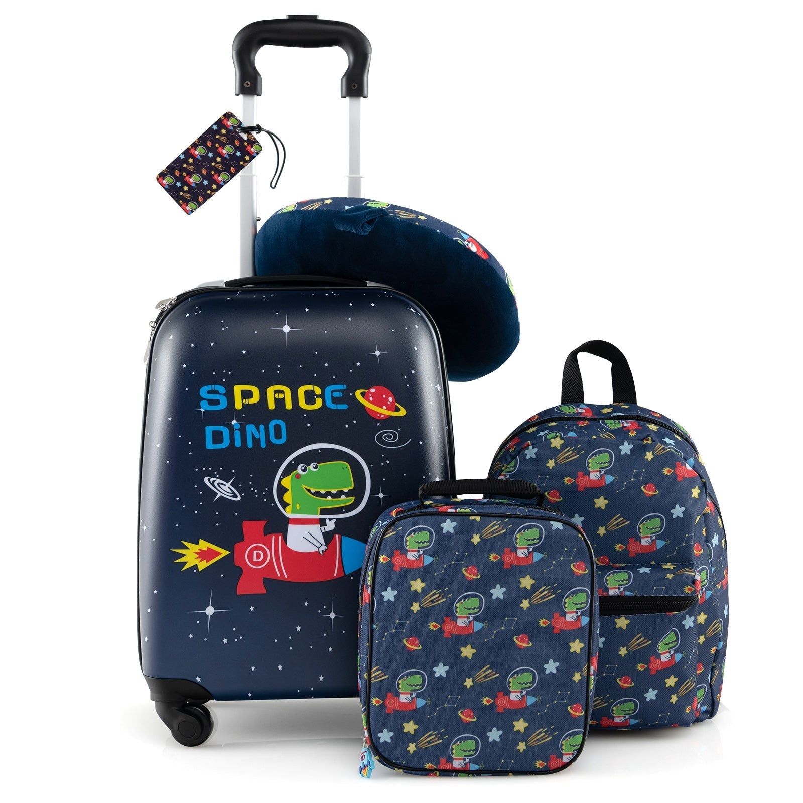 Space Dino 5-piece kids luggage set with navy rolling suitcase, neck pillow, lunch bag, backpack on Tampa Home & Garden Store