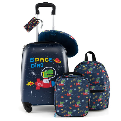 Space Dino 5-piece kids luggage set with navy rolling suitcase, neck pillow, lunch bag, backpack on Tampa Home & Garden Store