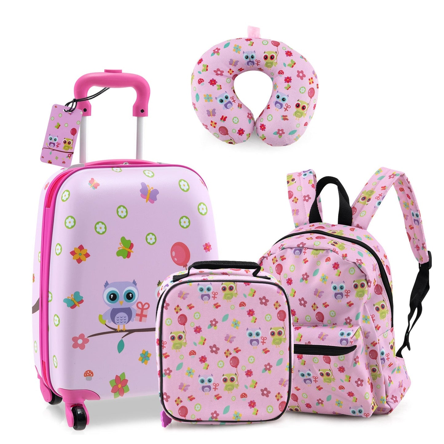 GemGear 5 Piece Kids Luggage Set with pink owl print luggage, backpack, neck pillow, lunch bag on Tampa Home & Garden Store