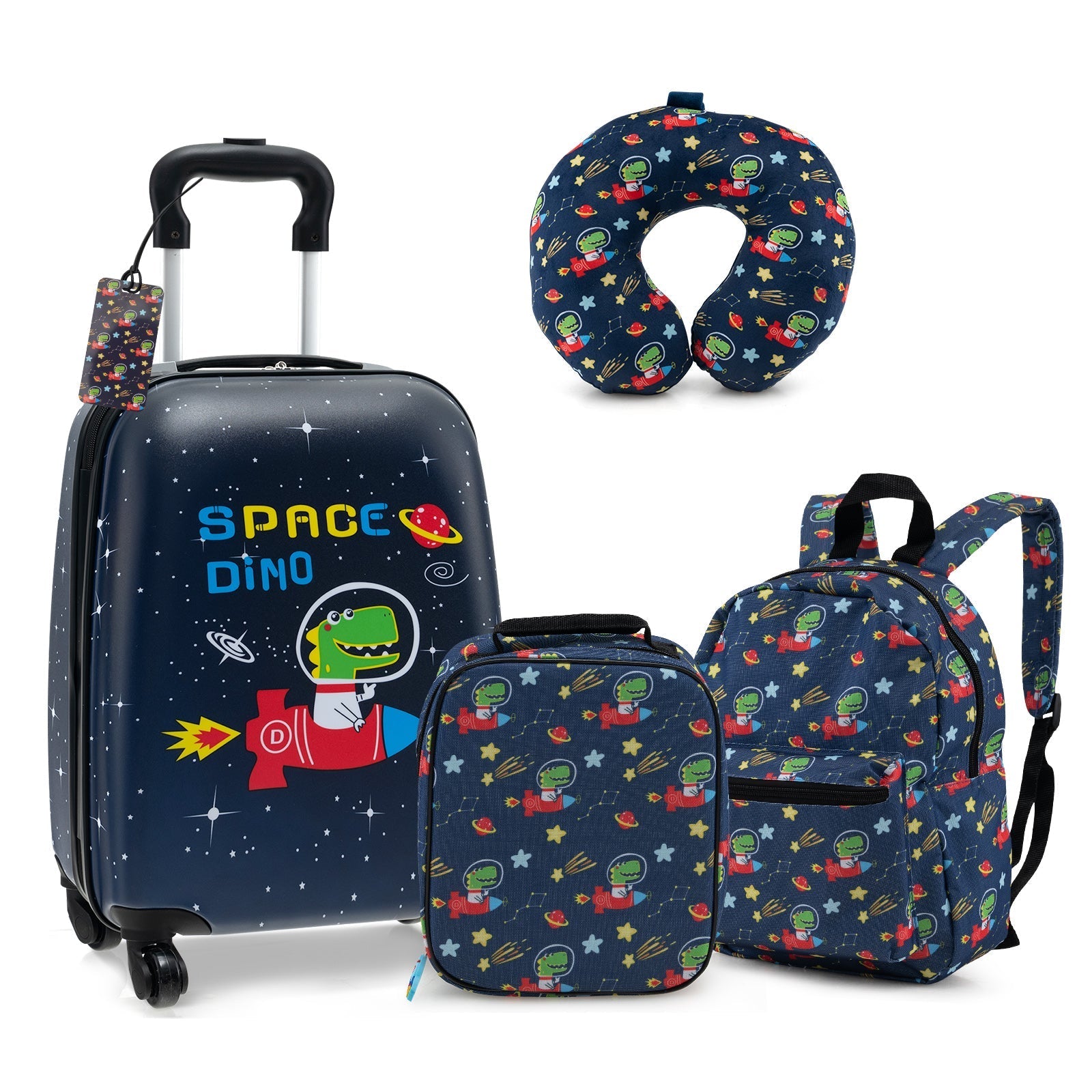 5-Piece Kids Luggage Set SpaceDino navy rolling suitcase backpack lunch bag neck pillow on Tampa Home & Garden Store