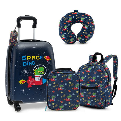 5-Piece Kids Luggage Set SpaceDino navy rolling suitcase backpack lunch bag neck pillow on Tampa Home & Garden Store