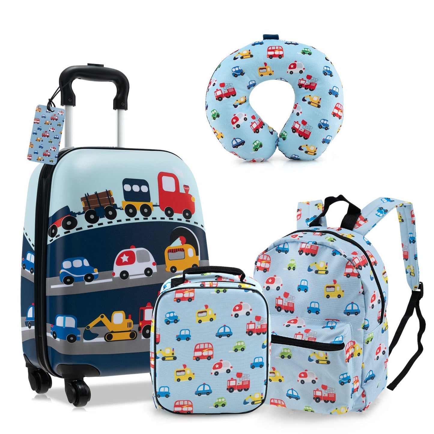 GemGear 5pc luggage set suitcase, backpack, neck pillow, lunch bag, name tag blue vehicle print on Tampa Home & Garden Store