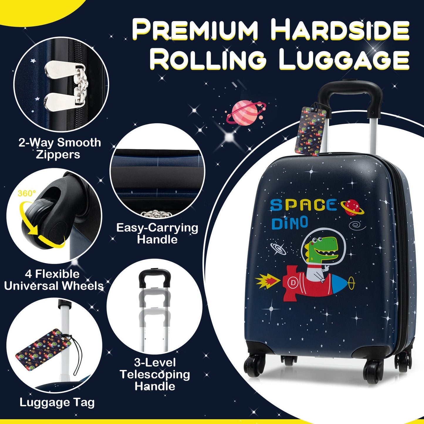 GemGear 5 Piece Kids Luggage Set with Backpack Neck Pillow Lunch Bag navy space dinosaur design on Tampa Home & Garden Store