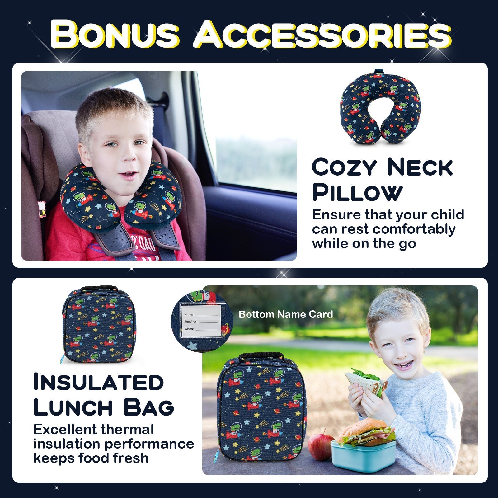 GemGear 5 Piece Kids Luggage Set with Backpack Neck Pillow Lunch Bag navy space print kid in car on Tampa Home & Garden Store