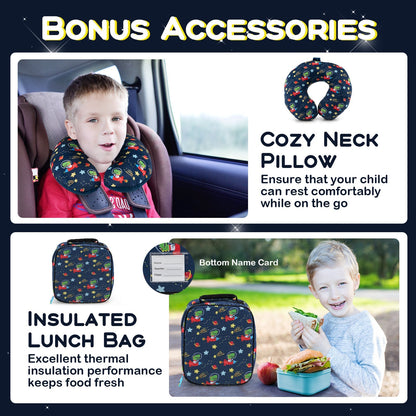 GemGear 5 Piece Kids Luggage Set with Backpack Neck Pillow Lunch Bag navy space print kid in car on Tampa Home & Garden Store
