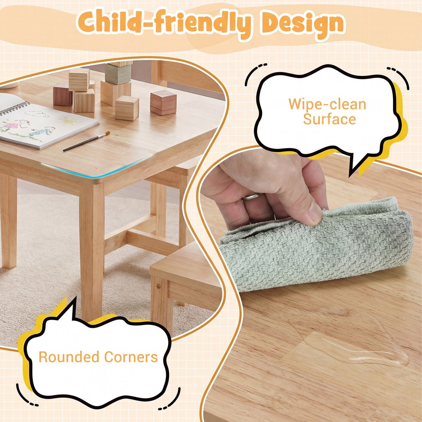 5-Piece Kids Table and Chairs Set Solid Rubber Wood Toddler Activity Table