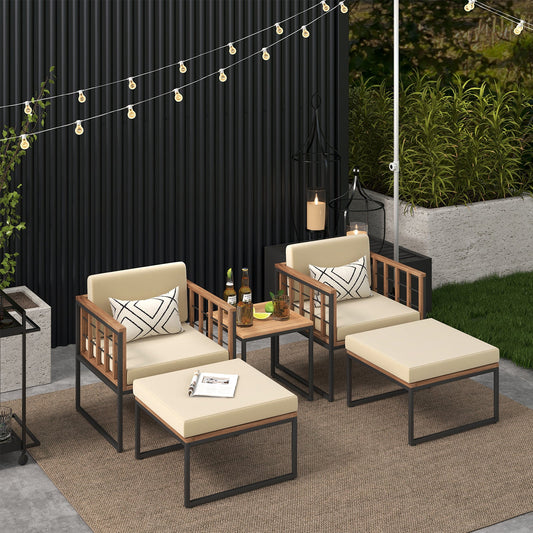 5 Piece Outdoor Furniture Set Acacia Wood Chair Set with Ottomans and Coffee Table-Beige - Tampa Home & Garden Store